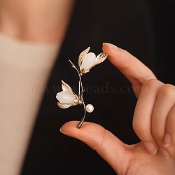Magnolia Enamel Pins, Alloy Rhinestone Brooches for Backpack Clothes, with Imitation Pearl Beads, White, 58x38mm(PW-WG412D3-01)