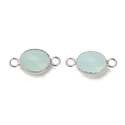 925 Sterling Silver Connector Charms, with Faceted Glass, Oval, Real Platinum Plated, Aqua, 8.5x17.5x4.7mm, Hole: 2mm(STER-H110-20B)