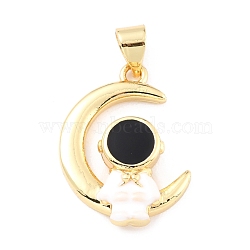 Brass Enamel Pendants, Long-Lasting Plated, Real 18K Gold Plated, Moon with Astronaut, Black & White, Mixed Color, 21x15.5x4mm, Hole: 3.5x4.5mm(KK-K250-23G)