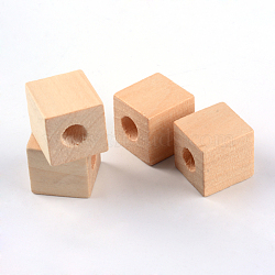 Unfinished Wood Beads, Natural Wooden Beads, Lead Free, Cube, Large Hole Beads, 19~20x19~20x20mm, Hole: 8~8.5mm(WOOD-S659-10-LF)