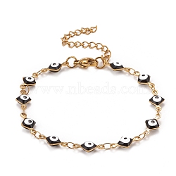 Enamel Rhombus with Evil Eye Link Chains Bracelet, Vacuum Plating 304 Stainless Steel Jewelry for Women, Golden, Black, 6-5/8 inch(16.8cm)(BJEW-P271-03G-04)