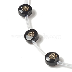 Handmade Lampwork Beads Strands, with Golden Tone Brass Findings & Enamel, Flat Round, Black, Clover Pattern, 8x5.5mm, Hole: 1mm, about 20pcs/strand, 14.76 inch(37.5cm)(LAMP-F028-01C)