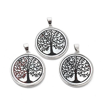 Natural White Shell Pendants, Platinum Plated Brass Flat Round Charms, Tree of Life, 30x27x3mm, Hole: 4x6mm