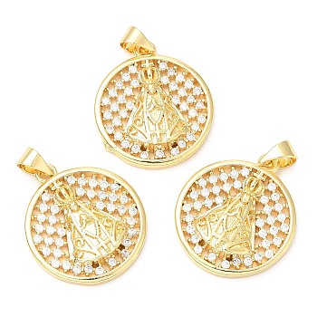 Rack Plating Brass Micro Pave Cubic Zirconia Pendants, Long-Lasting Plated, Lead Free & Cadmium Free, Flat Round, Real 18K Gold Plated, 23x20x4.5mm, Hole: 4x3.5mm