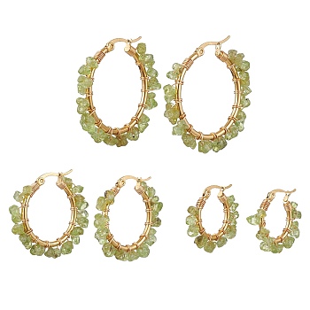 3 Pairs 3 Size Natural Peridot Chips Hoop Earrings, 304 Stainless Steel Wire Wrap Earrings, 23~35x5~8.5mm, 1 Pair/size