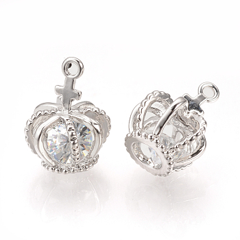 Alloy Cubic Zirconia Charms, Crown, Platinum, 14x10.5x10.5mm, Hole: 1mm