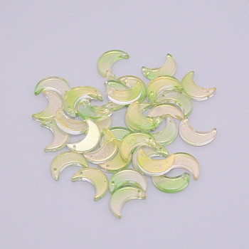 Transparent Glass Beads, with Glitter Powder, Top Drilled, Moon, Green Yellow, 16.5x11.5x3mm, Hole: 1.2mm