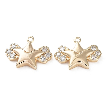 Brass with Clear Cubic Zirconia Charms, Star & Wing, Real 18K Gold Plated, 11.5x15x3mm, Hole: 1mm