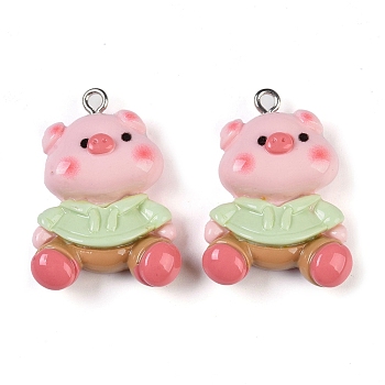 Pig Resin Pendants, with Platinum Iron Loops, Pink, 29.5x21x8mm, Hole: 2mm