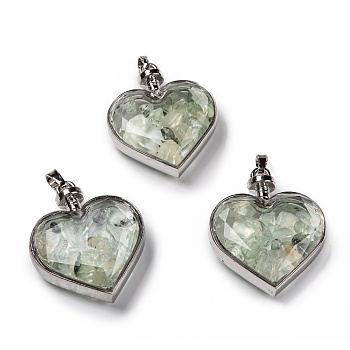 Glass Bottle Pendants, with Natural Prehnite Chips and Platinum Plated Alloy Findings, Heart, 40x32.5x11mm, Hole: 8x5mm