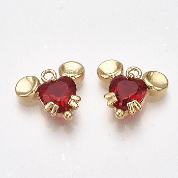 Brass Charms, with Glass, Mouse, Nickel Free, Real 18K Gold Plated, Red, 12.5x13.5x4mm, Hole: 1.5mm