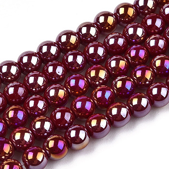 Electroplate Opaque Glass Beads Strands, AB Color Plated, Round, Dark Red, 4~4.5mm, Hole: 0.8mm, about 97~99pcs/strand, 14.76 inch~14.96 inch(37.5~38cm)