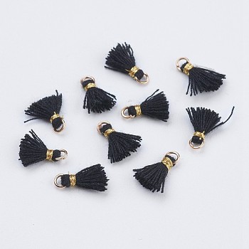 Nylon Tassels Pendant Decorations, Mini Tassel, with Golden Tone Iron Findings, Black, 10.5~14.5x2.5~3mm, Hole: 2mm