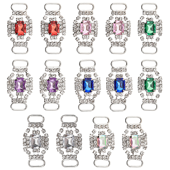 14Pcs 7 Colors Silver Plated Brass Rhinestone Connector Charms, Flower/Rectangle Links Ornament for Bikini Decoration, Mixed Color, 18.5x35x5mm, Hole: 9.5x4mm, 2pcs/color