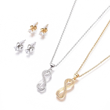 304 Stainless Steel Jewelry Sets, Brass Micro Pave Cubic Zirconia Pendant Necklaces and 304 Stainless Stud Earrings, with Plastic Ear Nuts/Earring Back, Infinity, Clear, Golden & Stainless Steel Color, 17.52 inch(44.5cm), 1.5mm, 15x5.5mm, Pin: 0.7mm