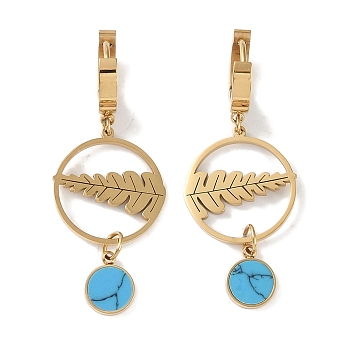Leaf 304 Stainless Steel Hoop Earrings, Synthetic Turquoise Dangle Earrings for Women, Real 18K Gold Plated, 47x18mm