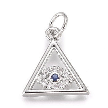 Brass Micro Pave Cubic Zirconia Pendants, with Jump Ring, Triangle with Evil Eye, Clear, Platinum, 13x12x2mm, Hole: 2.4mm