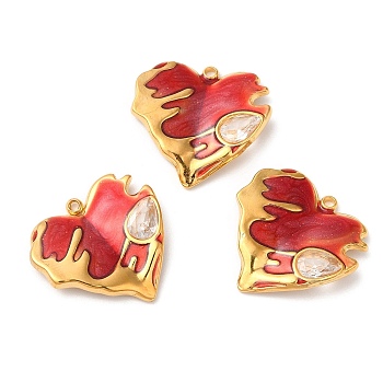 304 Stainless Steel Enamel Pendants, with Rhinestones, Real 18K Gold Plated, Heart Charm, Crimson, 19x20x2.5mm, Hole: 1.5mm