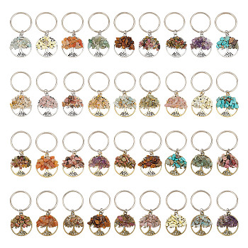 Flat Round with Tree of Life Gemstone Chips Keychains, with Alloy Findings, for Women Bag Car Key Pendant Decoration, 5.5x2.5cm, 36pcs/set