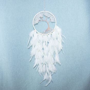 Tree of Life Wrapped Natural Quartz Crystal Chips Woven Web/Net with Feather Decorations, for Home Bedroom Hanging Decorations, White, 600x160mm