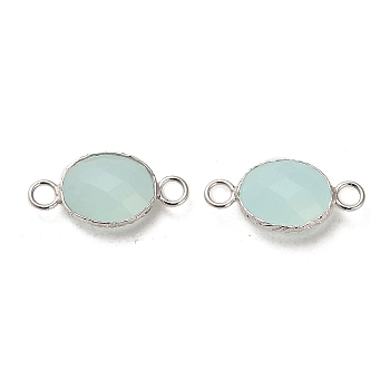 925 Sterling Silver Connector Charms, with Faceted Glass, Oval, Real Platinum Plated, Aqua, 8.5x17.5x4.7mm, Hole: 2mm
