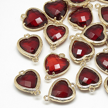 Glass Links connectors, with Golden Tone Brass Findings, Faceted, Heart, FireBrick, 16x11.5x4.5mm, Hole: 1mm