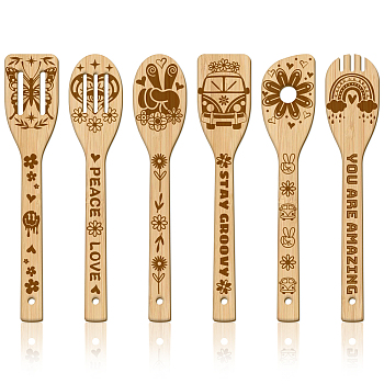 6Pcs Bamboo Spoons & Knifes & Forks, Flatware for Dessert, Mixed Shapes, 60x300mm, 6 style, 1pc/style, 6pcs/set