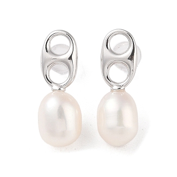 Sterling Silver Stud Earrings, with Natural Pearl, Jewely for Women, Oval, 21.5x22mm