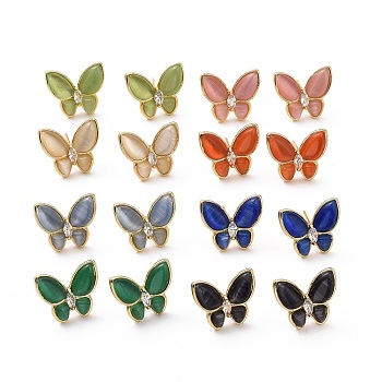 Cat Eye Butterfly Stud Earrings with Clear Cubic Zirconia, Real 18K Gold Plated Brass Jewelry for Women, Cadmium Free & Lead Free, Mixed Color, 15x17.5mm, Pin: 0.7mm