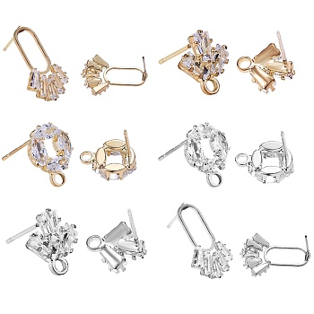 12Pcs 3 Style Brass Micro Pave Clear Cubic Zirconia Stud Earring Findings, with Loop, Leaf & Flat Round & U-shape Tassel, Platinum & Golden, 10.5~15x9.5~23.5mm, Hole: 1.8~2.6mm, Pin: 0.7mm, 4pcs/styel