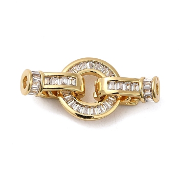 Rack Plating Brass Pave Clear Cubic Zirconia Round Fold Over Clasps, Lead Free & Cadmium Free, Long-Lasting Plated, Real 18K Gold Plated, Round: 13x2mm, Clasps: 12.5x7.5x5mm, Hole: 2mm
