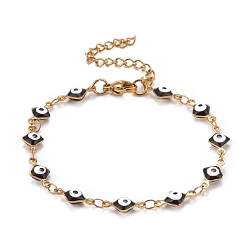 Enamel Rhombus with Evil Eye Link Chains Bracelet, Vacuum Plating 304 Stainless Steel Jewelry for Women, Golden, Black, 6-5/8 inch(16.8cm)