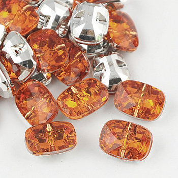 Taiwan Acrylic Rhinestone Buttons, Faceted, 1-Hole, Rectangle, Orange, 16x11.5x7mm, Hole: 1mm