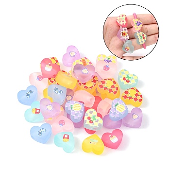 Transparent Printed Acrylic Beads, for Hair Rope DIY, Large Hole Beads, Rubberized Style, Heart with Mixed Patterns, Mixed Color, 14x18x8mm, Hole: 4mm