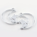 Rack Plating Alloy Kitten Open Back Bezel Pendants, For DIY UV Resin, Epoxy Resin, Pressed Flower Jewelry, Hollow, Crescent Moon & Cat Shape, Cadmium Free & Nickel Free & Lead Free, Platinum, 37x36x4mm, Hole: 3mm(X-PALLOY-S047-38D-FF)