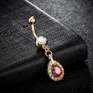 Piercing Jewelry, Brass Cubic Zirconia Navel Ring, Belly Rings, with 304 Stainless Steel Bar, Cadmium Free & Lead Free, teardrop, Real 18K Gold Plated, Red, 47x10mm, Bar: 15 Gauge(1.5mm), Bar Length: 3/8"(10mm)(AJEW-EE0003-06C)