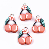 Handmade Polymer Clay Pendants, with Platinum Tone Iron Findings, Cherry, Orange, 20~21.5x13.5x5mm, Hole: 2mm(X-CLAY-T016-71)