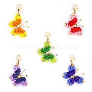 Butterfly Wire Wrapped Rocailles Pendant Decorations, 304 Stainless Steel Lobster Claw Clasps Charms, Mixed Color, 4cm, 5pcs/set, 1 set/box(HJEW-CA0001-43)