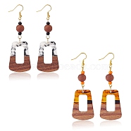 2 Pairs 2 Color Resin & Walnut Wood Trapezoid Dangle Earrings, Brass Long Drop Earrings for Women, Mixed Color, 85mm, Pin: 0.8mm, 1 Pair/color(EJEW-SW00014-04)