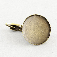 Brass Leverback Earring Findings, with Flat Round Tray, Antique Bronze, Tray: 14mm, 25x15mm, Pin: 0.8mm(MAK-S004-14mm-EY001AB)