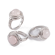 Natural Rose Quartz Round Adjustable Rings, Platinum Plated Brass Finger Rings for Women Men, Inner Diameter: 18mm(RJEW-K271-04P-09)
