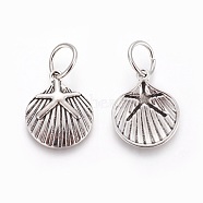 Tibetan Style Alloy Pendants, Shell with Starfish/Sea Stars, Antique Silver, 21.5x18x2.5mm, Hole: 7mm(PALLOY-F224-02AS-05)