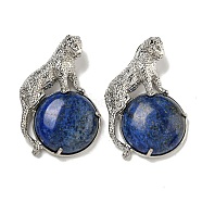 Dyed Natural Lapis Lazuli Half Round Pendants, Rack Plating Brass Leopard Charms, Platinum, Cadmium Free & Lead Free, 42x27x7.5mm, Hole: 3x5mm(G-F766-06AS-04)