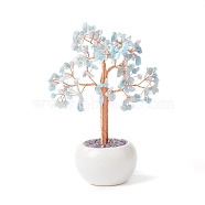 Natural Aquamarine Gemstone Chips with Brass Wrapped Wire Money Tree on Ceramic Vase Display Decorations, for Home Office Decor Good Luck, 120x50.5x190mm(DJEW-B007-02G)