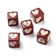 Opaque Printed Acrylic Beads, Cube with Heart Pattern, White, 13.5x13.5x13.5mm, Hole: 3.8mm(MACR-C007-01C)