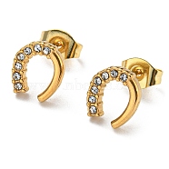 Vacuum Plating 304 Stainless Steel Stud Earrings with Rhinestone for Women, Horseshoe, Golden, 9x8mm(X-STAS-D087-21G)