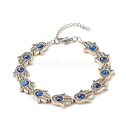 Hamsa Hand Tibetan Style Alloy Bracelets for Women, Evil Eye Resin Beaded Bracelets, with 304 Stainless Steel Lobster Claw Clasps, Antique Silver & Stainless Steel Color, 7-3/4 inch(19.7cm)(X-BJEW-JB07728)