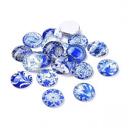 Blue and White Floral Printed Glass Cabochons, Half Round/Dome, Steel Blue, 20x6mm(GGLA-A002-20mm-XX)