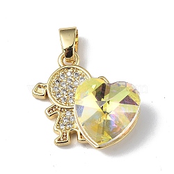 Real 18K Gold Plated Rack Plating Brass Micro Pave Clear Cubic Zirconia Pendants, with Glass, Long-Lasting Plated, Cadmium Free & Lead Free, Girl with Heart Charm, Champagne Yellow, 20.8x17x8mm, Hole: 6x3mm(KK-C015-23G-01)
