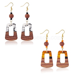 2 Pairs 2 Color Resin & Walnut Wood Trapezoid Dangle Earrings, Brass Long Drop Earrings for Women, Mixed Color, 85mm, Pin: 0.8mm, 1 Pair/color(EJEW-SW00014-04)